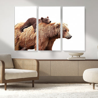 76943-MGV-FC-48X32-3P_White-Mom Bear Wall Art Canvas Print, Framed Bear Photography Art Picture Print, Rustic Bear and Cub Perfect Rustic Farmhouse Decor