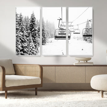 70609-MGV-FC-48X32-3P_White-Snowy Ski Lift Wall Art – Black and White Winter Mountain Landscape Canvas Print, Rustic Lodge Decor for Cabin, Living Room or