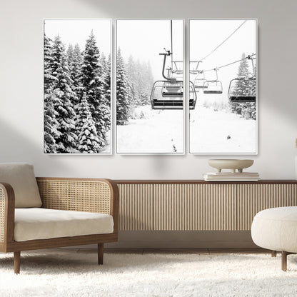 70609-MGV-FC-48X32-3P_White-Snowy Ski Lift Wall Art – Black and White Winter Mountain Landscape Canvas Print, Rustic Lodge Decor for Cabin, Living Room or