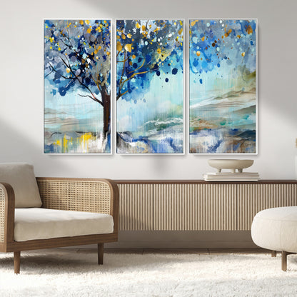 17018-MGV-CV-36X24-Abstract Blue Tree Wall Art – Colorful Canvas Painting with Gold and Silver Accents, Modern Nature Artwork for Living Room,