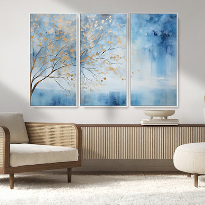 23891-MGV-CV-36X24-Abstract Tree Wall Art – Minimalist Blue and Gold Canvas Painting, Elegant Nature-Inspired Artwork for Living Room, Bedroom or