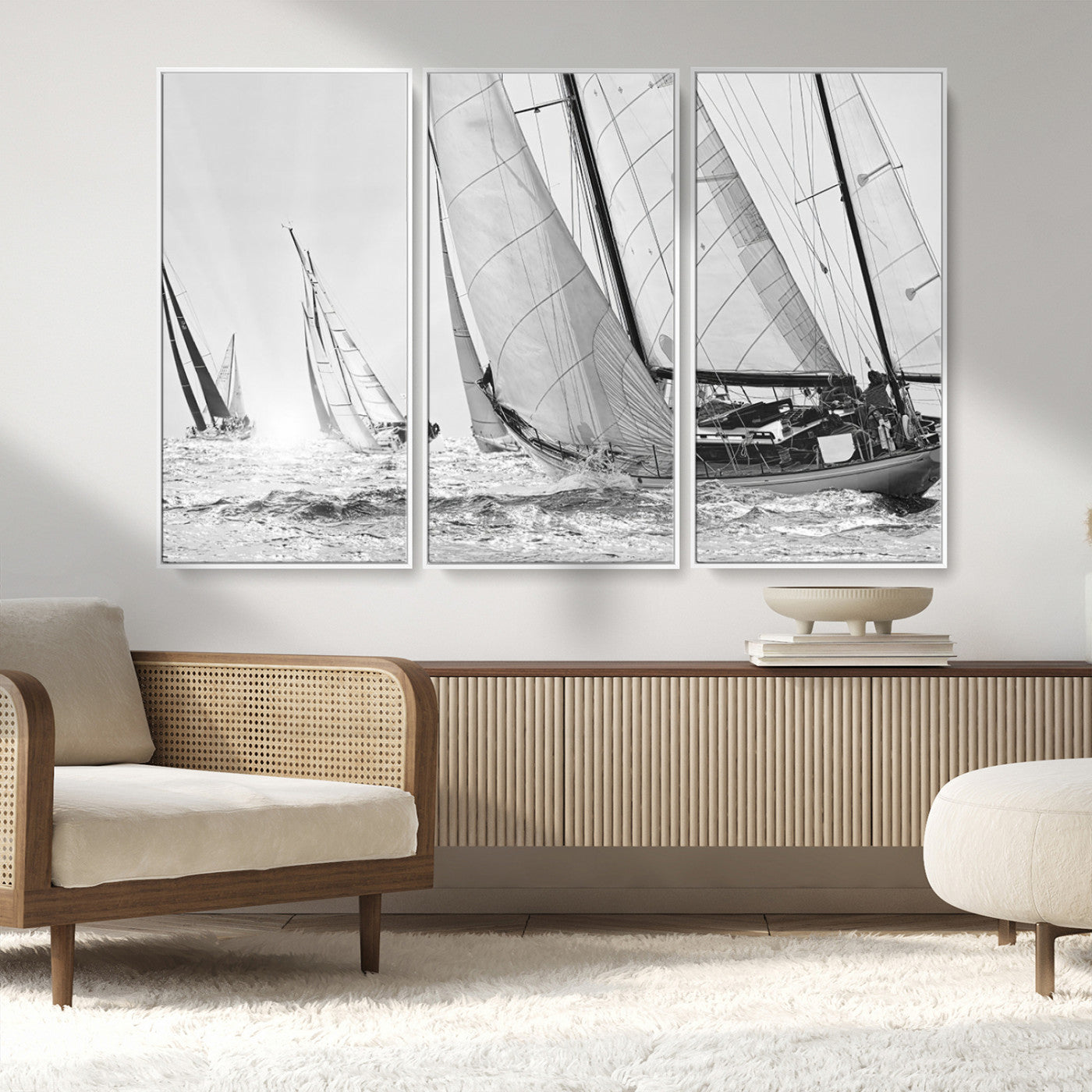 Boat-1-MGV-CV-36X24-Sailboat Racing Wall Art – Nautical Black and White Canvas Print, Ocean Adventure Decor for Office, Living Room or Bedroom