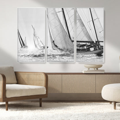 Boat-1-MGV-CV-36X24-Sailboat Racing Wall Art – Nautical Black and White Canvas Print, Ocean Adventure Decor for Office, Living Room or Bedroom
