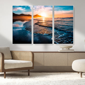26494-MGV-CV-36X24-Ocean Sunset Wall Art – Scenic Beach Canvas Print with Waves and Mountains, Coastal Seascape Photography for Living Room, Bedroom