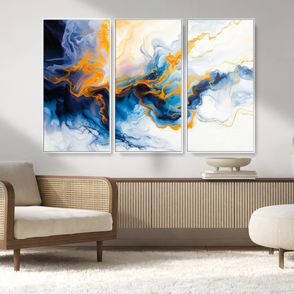 83720-MGV-CV-36X24-Abstract Fluid Wall Art – Blue, White and Gold Swirl Canvas Painting, Modern Contemporary Artwork for Living Room, Bedroom or