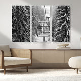 19240-MGV-FC-48X32-3P_White-Ski Lift Wall Art – Black and White Winter Mountain Canvas Print, Snowy Forest Ski Resort Photography for Cabin, Lodge, Office or