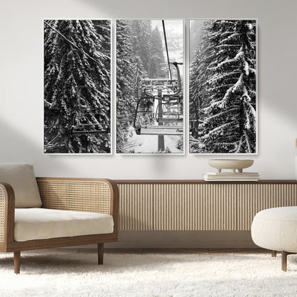 19240-MGV-FC-48X32-3P_White-Ski Lift Wall Art – Black and White Winter Mountain Canvas Print, Snowy Forest Ski Resort Photography for Cabin, Lodge, Office or