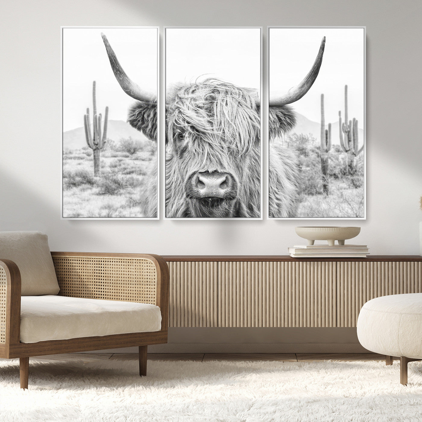 94579-MGV-CV-36X24-Highland Cow Wall Art – Black and White Longhorn Canvas Print, Rustic Western Farmhouse Animal Photography for Living Room,