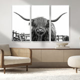 58188-MGV-FC-48X32-3P_White-Highland Cow Wall Art – Black and White Rustic Farmhouse Canvas Print, Longhorn Cattle Photography Decor for Living Room or
