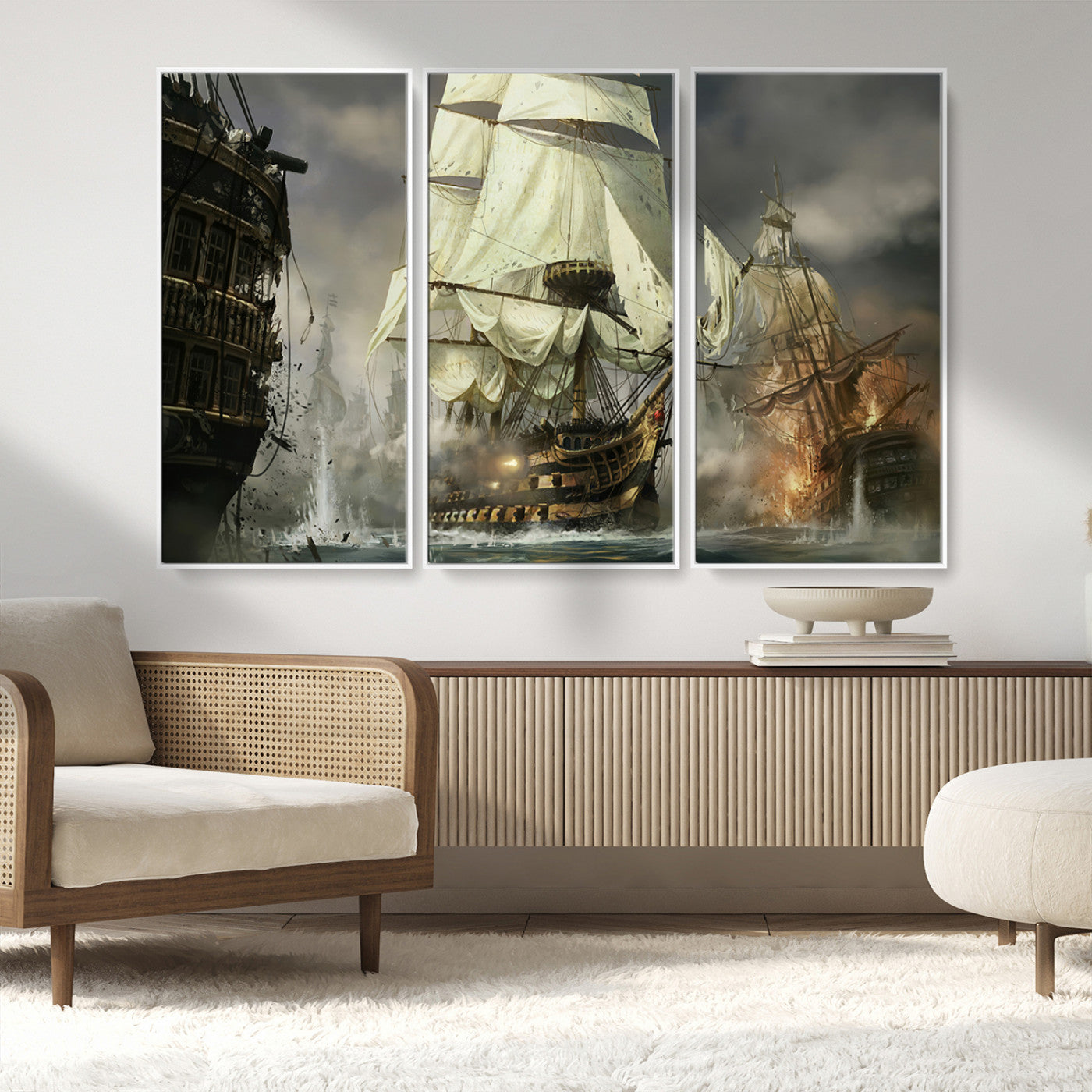26512-MGV-FC-48X32-3P_White-Naval Battle Wall Art – Dramatic Tall Ship Canvas Print, Historic Pirate Sailing War Scene, Nautical Decor for Office, Study or