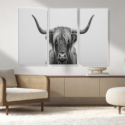 35820-MGV-FC-48X32-3P_White-Minimalist Highland Cow Wall Art – Black and White Longhorn Cattle Canvas Print, Modern Farmhouse Animal Photography Decor for