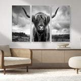 17924-MGV-FC-48X32-3P_White-Highland Cow Wall Art – Black and White Rustic Longhorn Cattle Canvas Print, Farmhouse Animal Photography Decor for Country Home