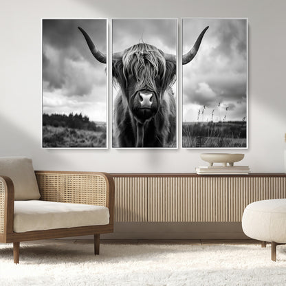 17924-MGV-FC-48X32-3P_White-Highland Cow Wall Art – Black and White Rustic Longhorn Cattle Canvas Print, Farmhouse Animal Photography Decor for Country Home