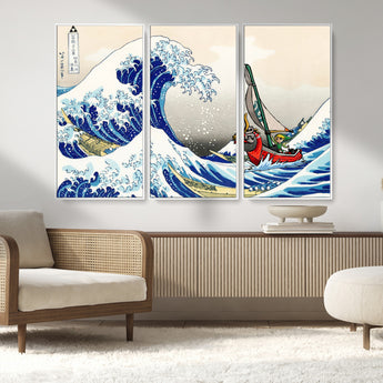 19450-MGV-CV-36X24-Great Wave Adventure Wall Art – Japanese Style Ocean Canvas Print, Fantasy Sailing Decor for Living Room, Bedroom or Office
