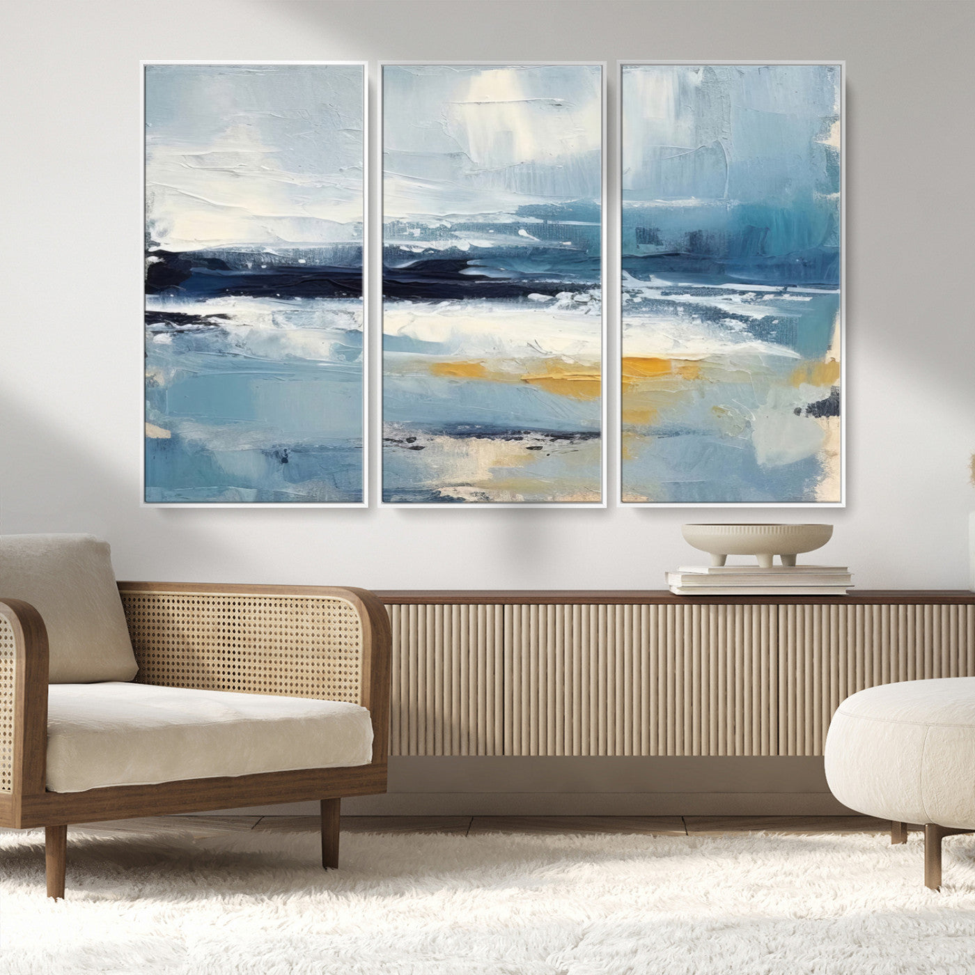 19746-MGV-CV-36X24-Abstract Ocean Wall Art – Modern Coastal Canvas Print with Blue, White and Gold Textures, Contemporary Seascape Painting for