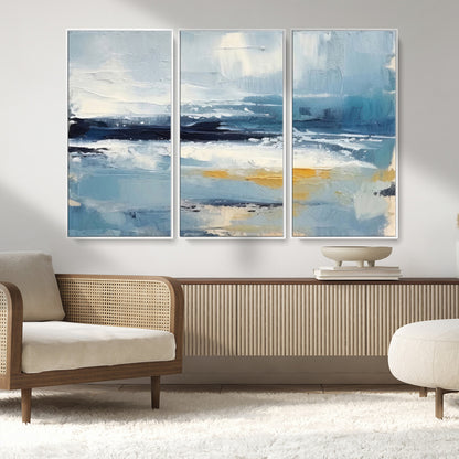 19746-MGV-CV-36X24-Abstract Ocean Wall Art – Modern Coastal Canvas Print with Blue, White and Gold Textures, Contemporary Seascape Painting for