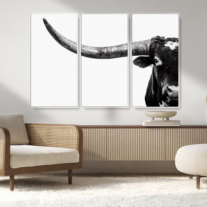 31699-MGV-CV-36X24-Longhorn Wall Art – Black and White Texas Longhorn Cow Canvas Print, Rustic Western Farmhouse Artwork for Living Room, Bedroom or