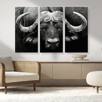 75273-MGV-FC-48X32-3P_White-Buffalo Wall Art – Black and White African Buffalo Canvas Print, Rustic Wildlife Animal Artwork for Farmhouse, Living Room,