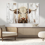 71551-MGV-CV-36X24-Longhorn Bull Wall Art – Rustic Western Cow Canvas Print, Farmhouse Animal Painting with Wood Plank Style for Living Room, Office