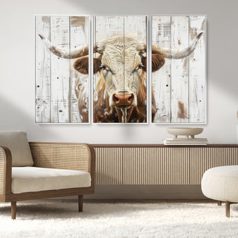71551-MGV-CV-36X24-Longhorn Bull Wall Art – Rustic Western Cow Canvas Print, Farmhouse Animal Painting with Wood Plank Style for Living Room, Office