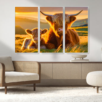 20567-MGV-FC-48X32-3P_White-Highland Cow and Calf Wall Art – Rustic Farmhouse Sunset Cattle Canvas Print, Country Animal Artwork for Living Room, Bedroom, or