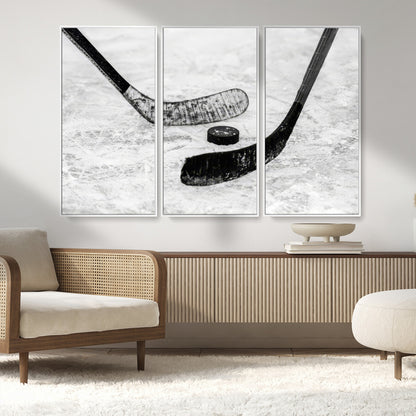 82900-MGV-CV-36X24-Hockey Wall Art – Black and White Canvas Print Ice Rink Sticks Puck Sports Photography, Modern Decor for Game Room, Man Cave,