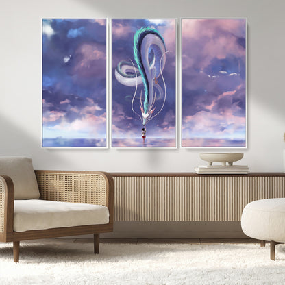 66864-MGV-CV-36X24-Fantasy Dragon Wall Art – Mystical Canvas Print Girl and Sky Serpent Dreamlike Clouds, Magical Anime Inspired Decor for Living