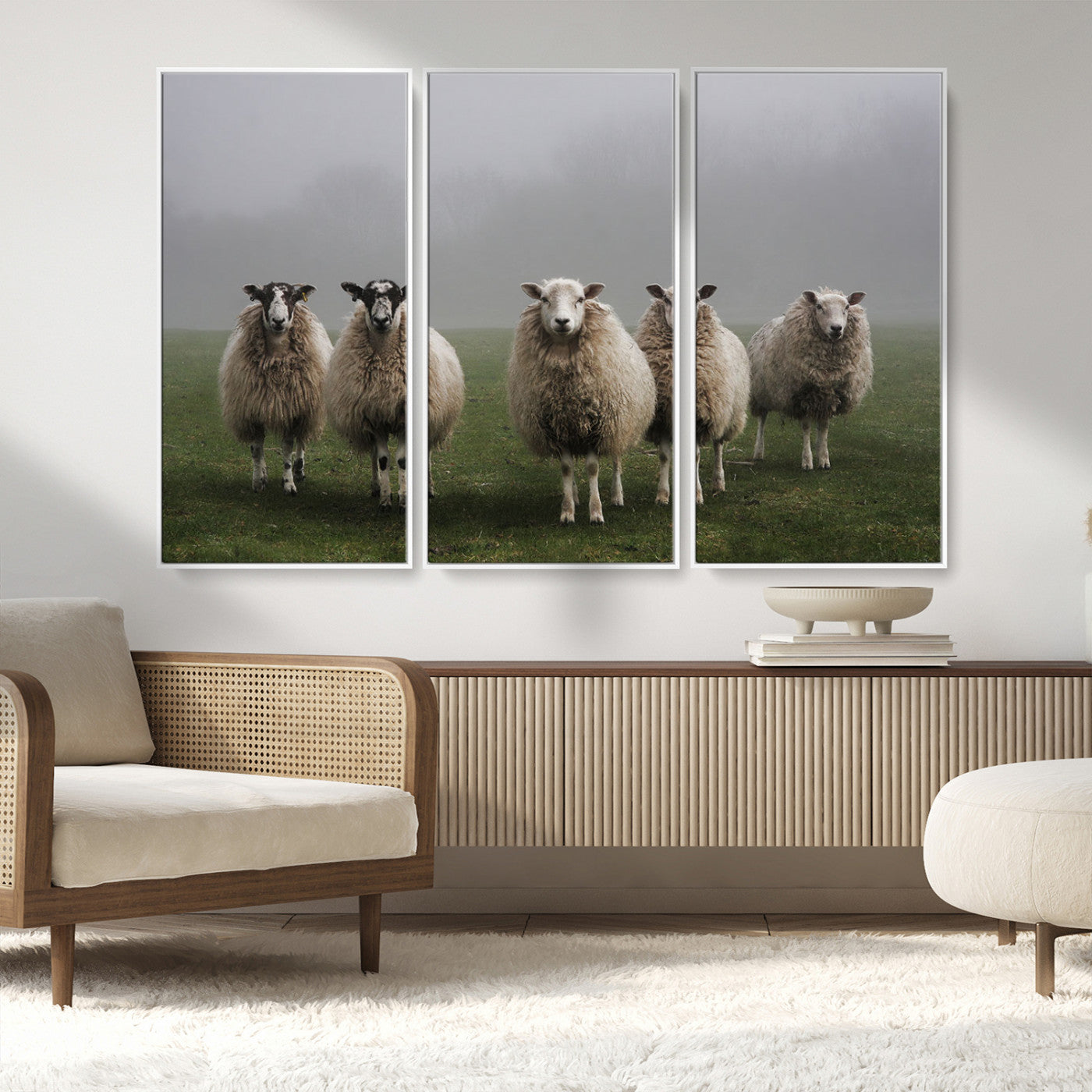87339-MGV-CV-36X24-Sheep Wall Art – Rustic Farmhouse Canvas Print Flock Standing Misty Field Countryside Photography, Country Animal Decor for Living