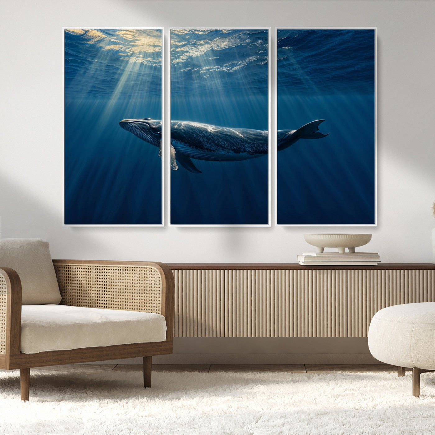 18052-MGV-CV-36X24-Whale Wall Art – Majestic Ocean Canvas Print Marine Life Underwater Sunlight Scene, Nautical Coastal Decor for Living Room,