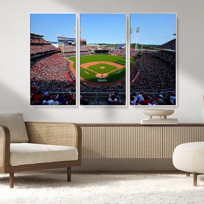 90998-MGV-FC-48X32-3P_White-Baseball Stadium Wall Art – Canvas Print Day Game Field Packed Crowd Bright Blue Sky Sports Photography, Classic Decor for Game