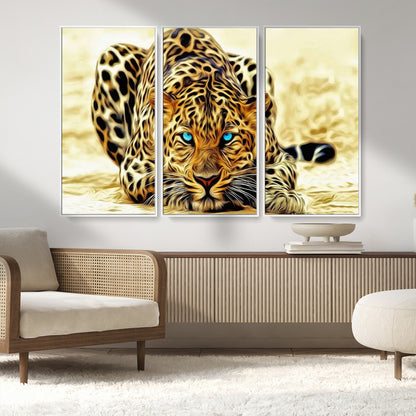 45281-MGV-FC-48X32-3P_White-Blue Eye Leopard Wall Art Canvas Print, Framed Leopard Painting Art Picture Print, Big Cat Perfect Safari Wildlife Decor Artwork