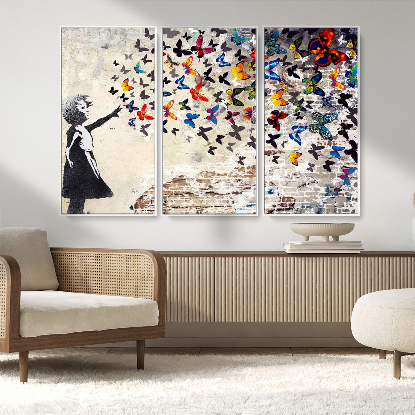 97895-MGV-FC-48X32-3P_White-Girl with Butterflies Wall Art – Colorful Street Art Style Canvas Print, Modern Graffiti-Inspired Butterfly Artwork for Living