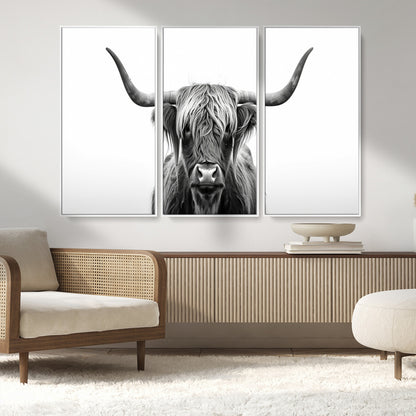 49556-MGV-CV-36X24-Highland Cow Wall Art – Black and White Scottish Highland Cattle Print, Rustic Farmhouse Minimalist Animal Portrait Canvas for