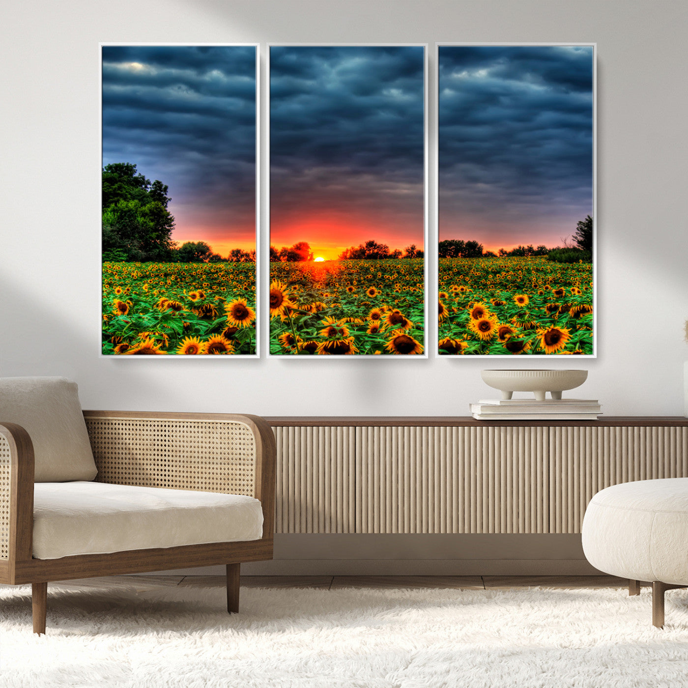 45045-MGV-CV-36X24-Sunflower Field Sunset Wall Art – Dramatic Stormy Sky Landscape Print, Vibrant Yellow Floral Nature Canvas for Living Room,