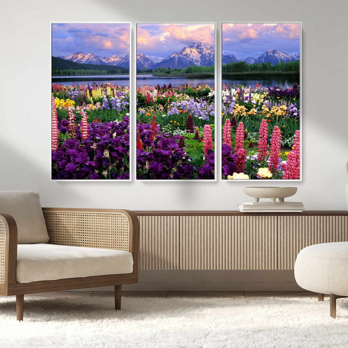 82270-MGV-FC-48X32-3P_White-Colorful Wildflower Meadow Landscape Wall Art – Snow-Capped Mountain Lake Sunset Print, Vibrant Nature Artwork for Living Room,