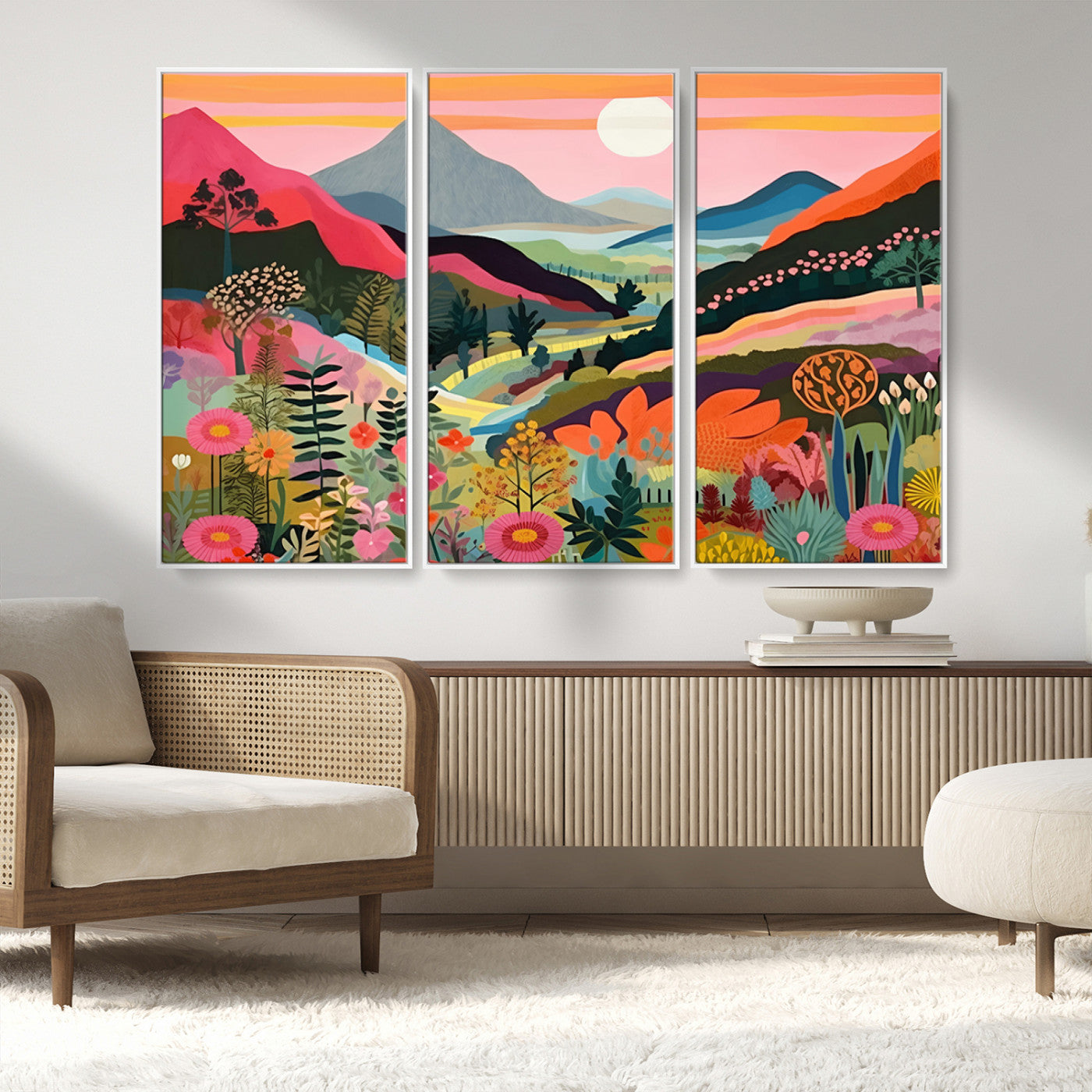 61376-MGV-FC-48X32-3P_White-Floral Valley Wall Art – Panoramic Mountain Landscape Canvas Print, Vibrant Nature Decor for Living Room, Office, or Bedroom