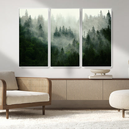 167720496-MGV-CV-36X24-Misty Forest Wall Art – Serene Evergreen Trees Canvas Print, Foggy Mountain Nature Landscape Decor for Bedroom, Living Room or