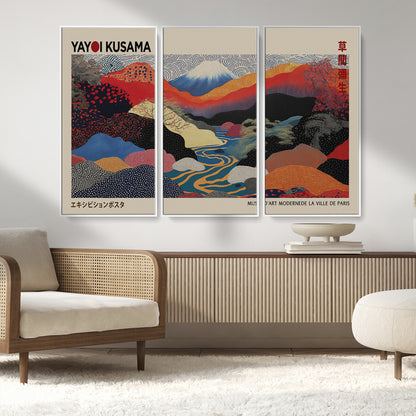 49228-MGV-FC-93X47-3P_Black-Kusama Wall Art – Vibrant Japanese Landscape Canvas Print, Modern Abstract Mountain and River Decor for Living Room, Office or Art