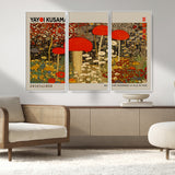 38013-MGV-FC-48X32-3P_White-Yayoi Kusama Inspired Mushroom Garden Wall Art – Whimsical Botanical Canvas Print, Surreal Nature Poster, Fantasy Floral Artwork