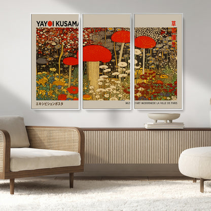 38013-MGV-FC-48X32-3P_White-Yayoi Kusama Inspired Mushroom Garden Wall Art – Whimsical Botanical Canvas Print, Surreal Nature Poster, Fantasy Floral Artwork