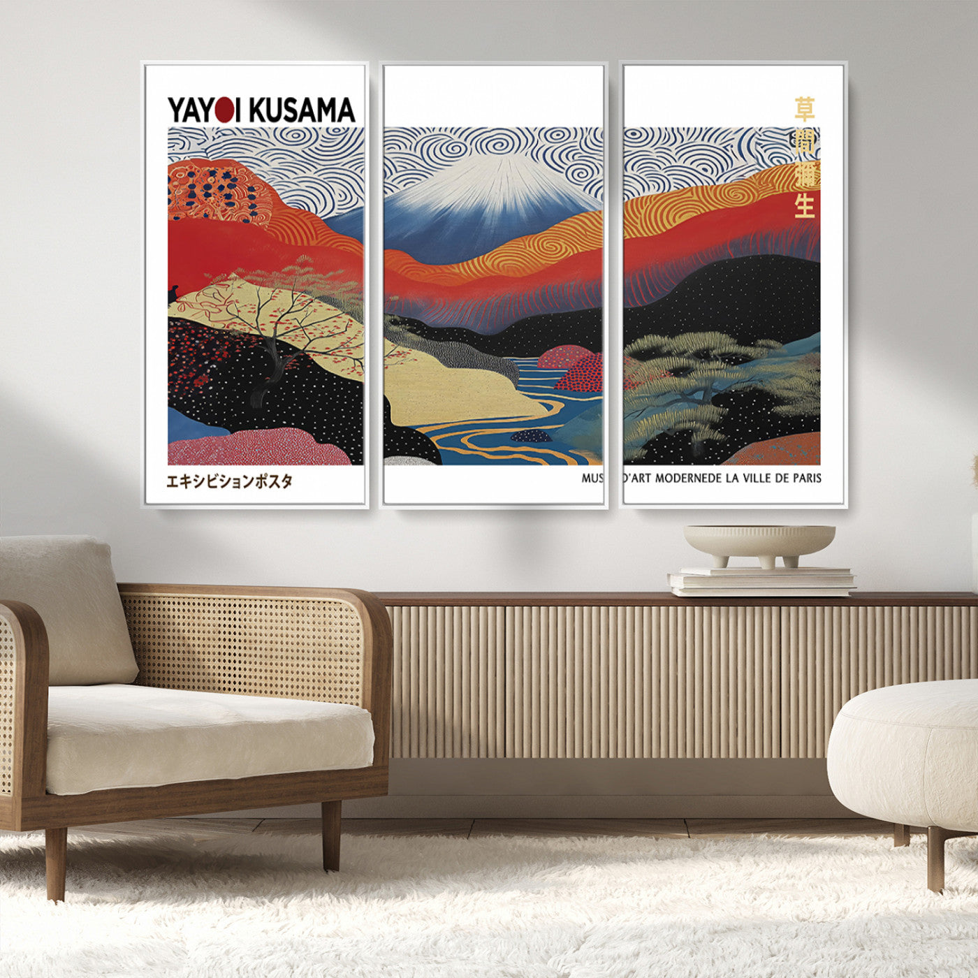 14839-MGV-FC-48X32-3P_White-Yayoi Kusama Wall Art – Panoramic Mountain & River Canvas Print, Modern Abstract Japanese Landscape Decor for Living Room or