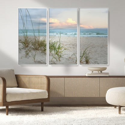 Test1001-MGV-FC-48X32-3P_White-Coastal Beach Wall Art – Panoramic Ocean Waves and Sandy Dunes Canvas Print, Serene Seascape with Sea Oats for Relaxing Home or