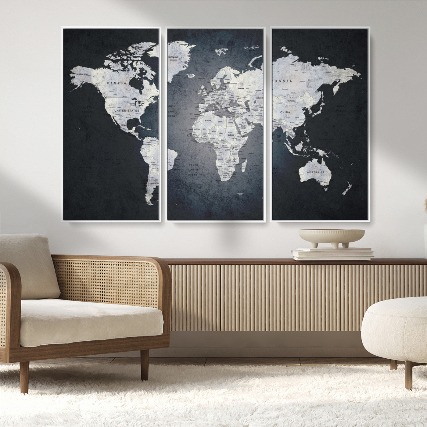 19124-MGV-FC-48X32-3P_White-Modern World Map Wall Art – Black and White Canvas Print, Minimalist Global Map Decor for Office, Study, Bedroom or Living Room