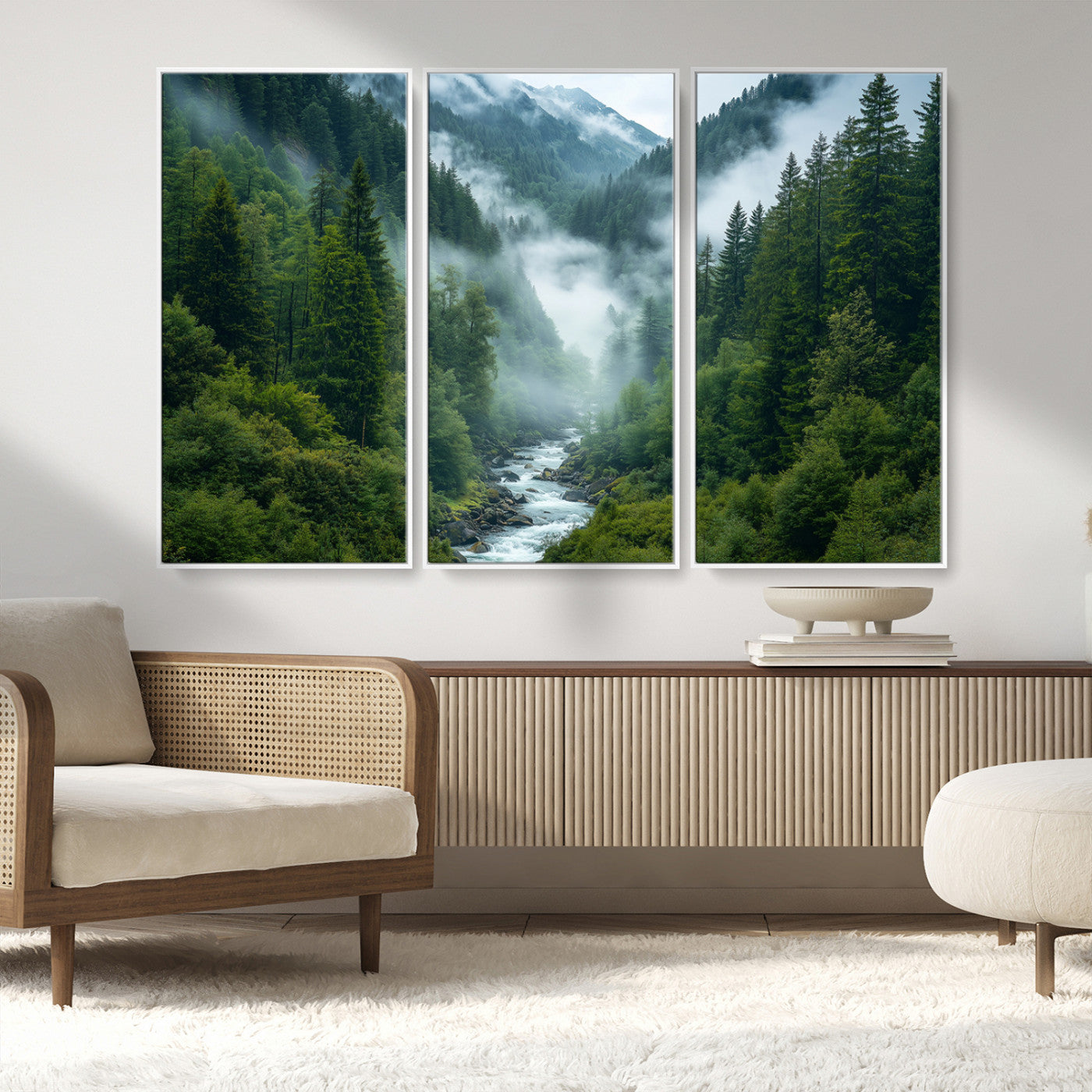 69453-MGV-FC-48X32-3P_White-Mountain Forest Wall Art – Misty River and Evergreen Landscape Canvas Print, Nature Photography Poster for Living Room, Bedroom,