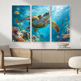37623-MGV-CV-36X24-Sea Turtle Wall Art – Underwater Ocean Canvas Print with Coral Reef and Tropical Fish, Marine Life Painting Poster for Living