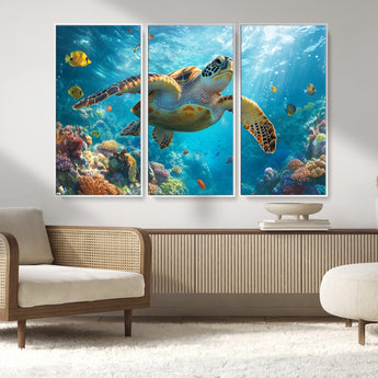 37623-MGV-CV-36X24-Sea Turtle Wall Art – Underwater Ocean Canvas Print with Coral Reef and Tropical Fish, Marine Life Painting Poster for Living