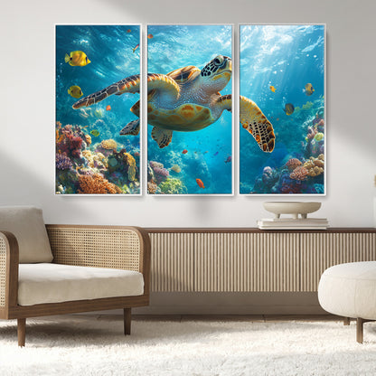 37623-MGV-CV-36X24-Sea Turtle Wall Art – Underwater Ocean Canvas Print with Coral Reef and Tropical Fish, Marine Life Painting Poster for Living