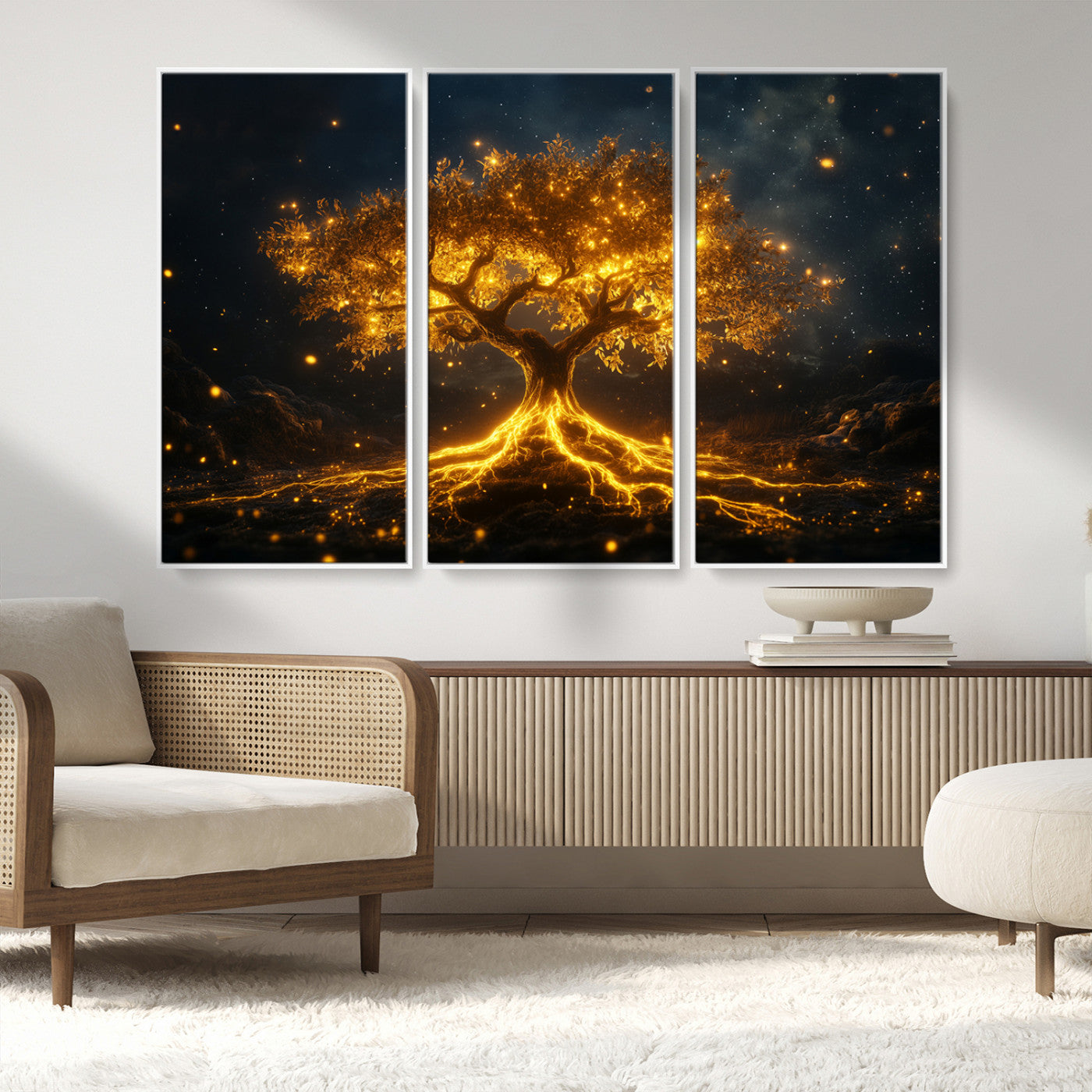 60194-MGV-FC-48X32-3P_White-Glowing Tree Wall Art – Golden Roots Fantasy Canvas Print, Mystical Illuminated Tree Painting Poster for Living Room, Bedroom,