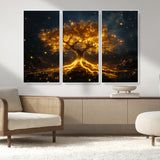 60194-MGV-FC-48X32-3P_White-Glowing Tree Wall Art – Golden Roots Fantasy Canvas Print, Mystical Illuminated Tree Painting Poster for Living Room, Bedroom,