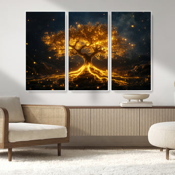 60194-MGV-FC-48X32-3P_White-Glowing Tree Wall Art – Golden Roots Fantasy Canvas Print, Mystical Illuminated Tree Painting Poster for Living Room, Bedroom,